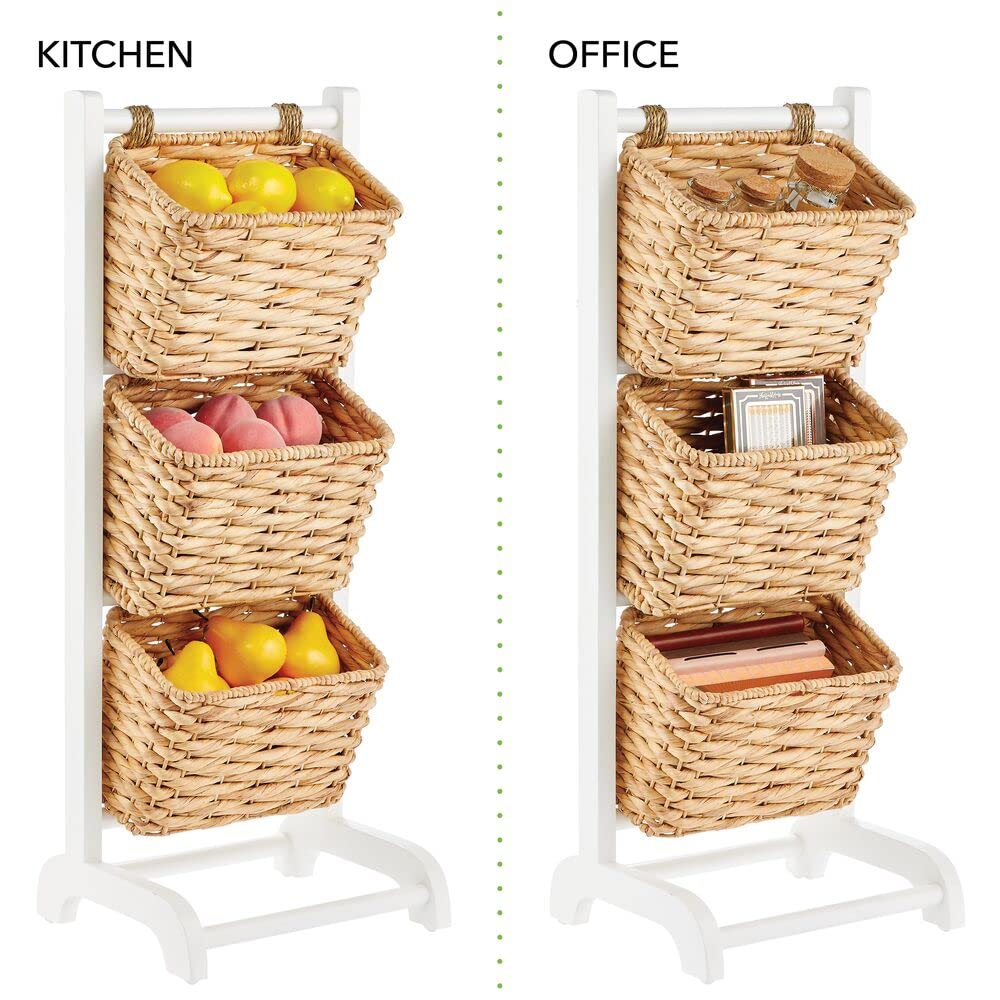 mDesign Water Hyacinth 3-Tiered Storage Baskets Floor Stand with Market Basket Storage Bins - Vertical Standing Rack for Living Room, Laundry, Bedroom, Bathroom, Office Organization - White/Natural mDesign