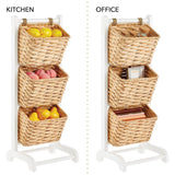 mDesign Water Hyacinth 3-Tiered Storage Baskets Floor Stand with Market Basket Storage Bins - Vertical Standing Rack for Living Room, Laundry, Bedroom, Bathroom, Office Organization - White/Natural mDesign