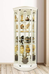 Howard Miller Marlowe IV Corner Curio Cabinet – Lighted White Wire Brushed Frameless Glass Door Mirrored Back Adjustable Glass Shelves Pad Lock Clips & No Reach Roller Switch Quality Home Decor Howard Miller