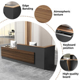 Modern L-Shaped Reception Desk with Hutch, Office Reception Counter Table with Lockable Drawer and Door Cabinet, Wooden Computer Front Desk (Walnut+lron Gray-Right Cabinet, 62.99"L*23.62"W*41.34"H) Nuipesn