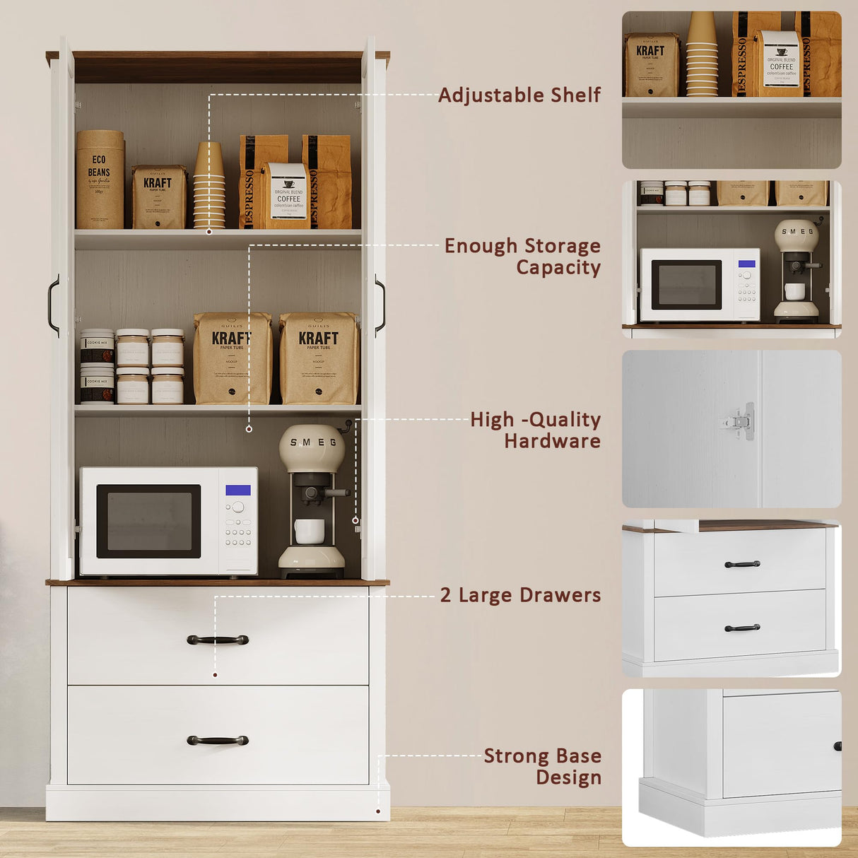 IDEALHOUSE Kitchen Pantry Cabinet with Doors and Shelves, Freestanding Tall Kitchen Cabinet with Microwave Stand, Hutch Cabinet for Kitchen, Living Room, Bathroom, White IDEALHOUSE
