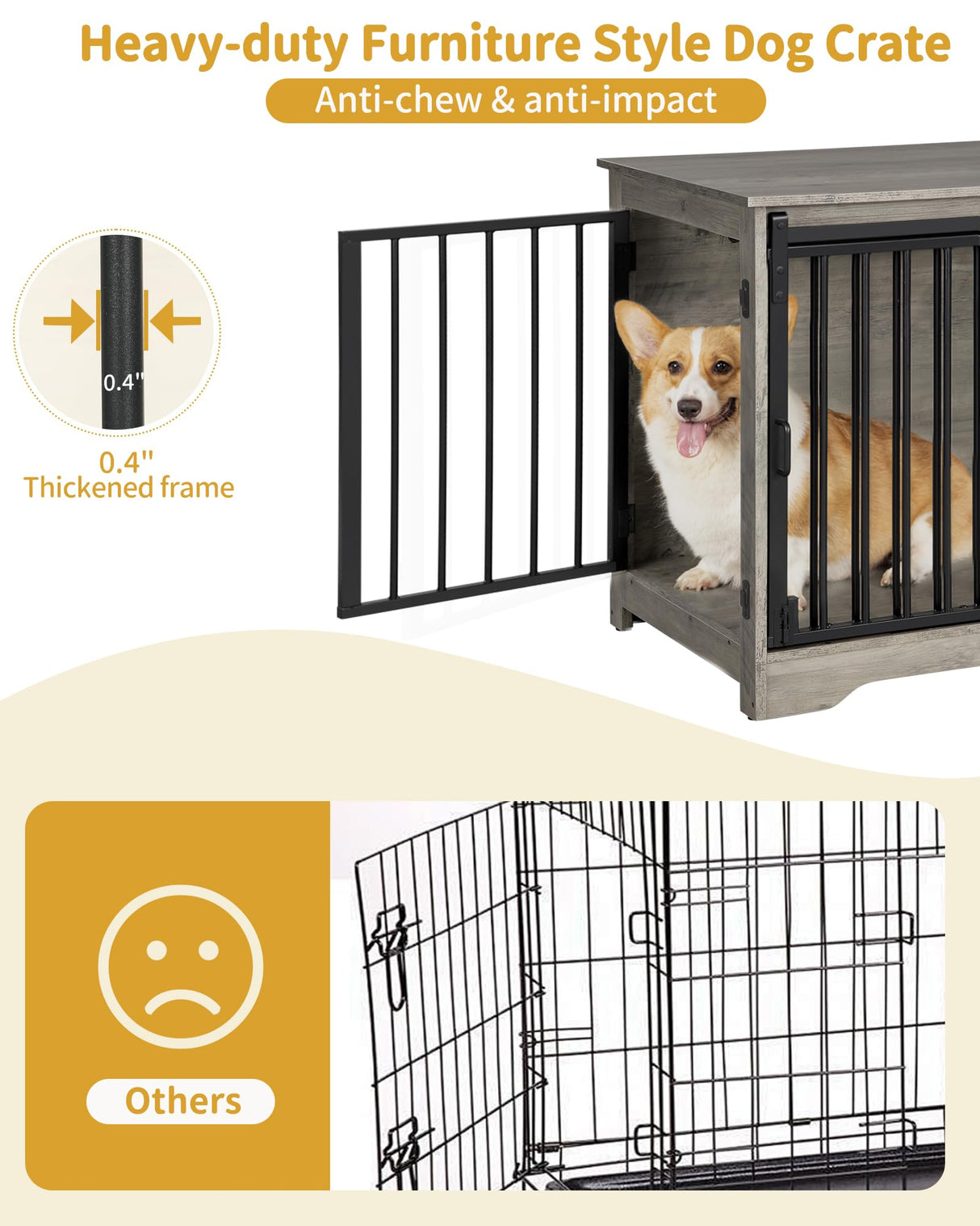 Hzuaneri Dog Crate Furniture, 32" Double Door Dog Crate with Barn Door, Dog Kennel Indoor, End Side Table Wooden Dog Crate for Small Medium Large Dog, Anti-Chew Anti-Escape, Greige Black DFC83605B Hzuaneri