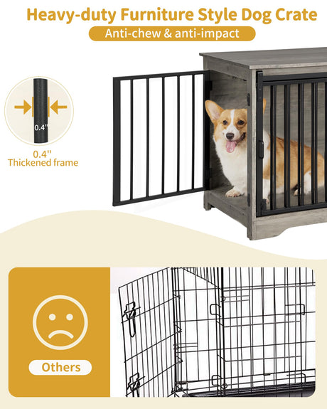 Hzuaneri Dog Crate Furniture, 32" Double Door Dog Crate with Barn Door, Dog Kennel Indoor, End Side Table Wooden Dog Crate for Small Medium Large Dog, Anti-Chew Anti-Escape, Greige Black DFC83605B Hzuaneri