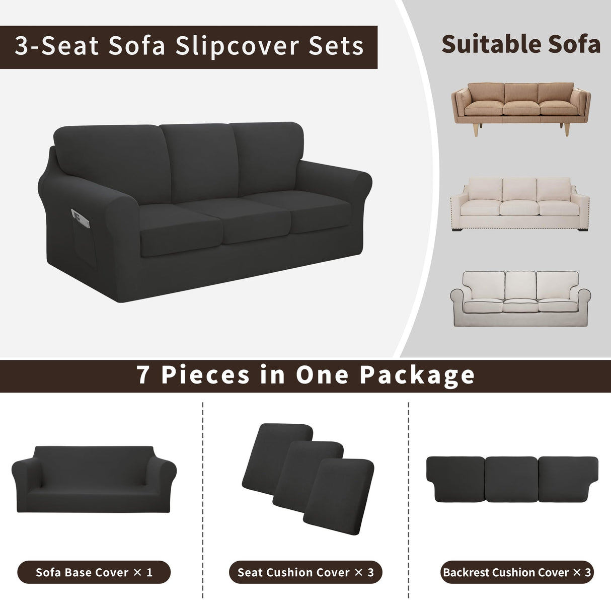 Easy-Going 7 Pieces Stretch Couch Cover Washable Sofa Cover Set for 3 Backrest and Seat Cushion Couch Anti-Slip Sofa Slipcover Furniture Protector with Elastic Bottom (Large, Dark Grey) Easy-Going