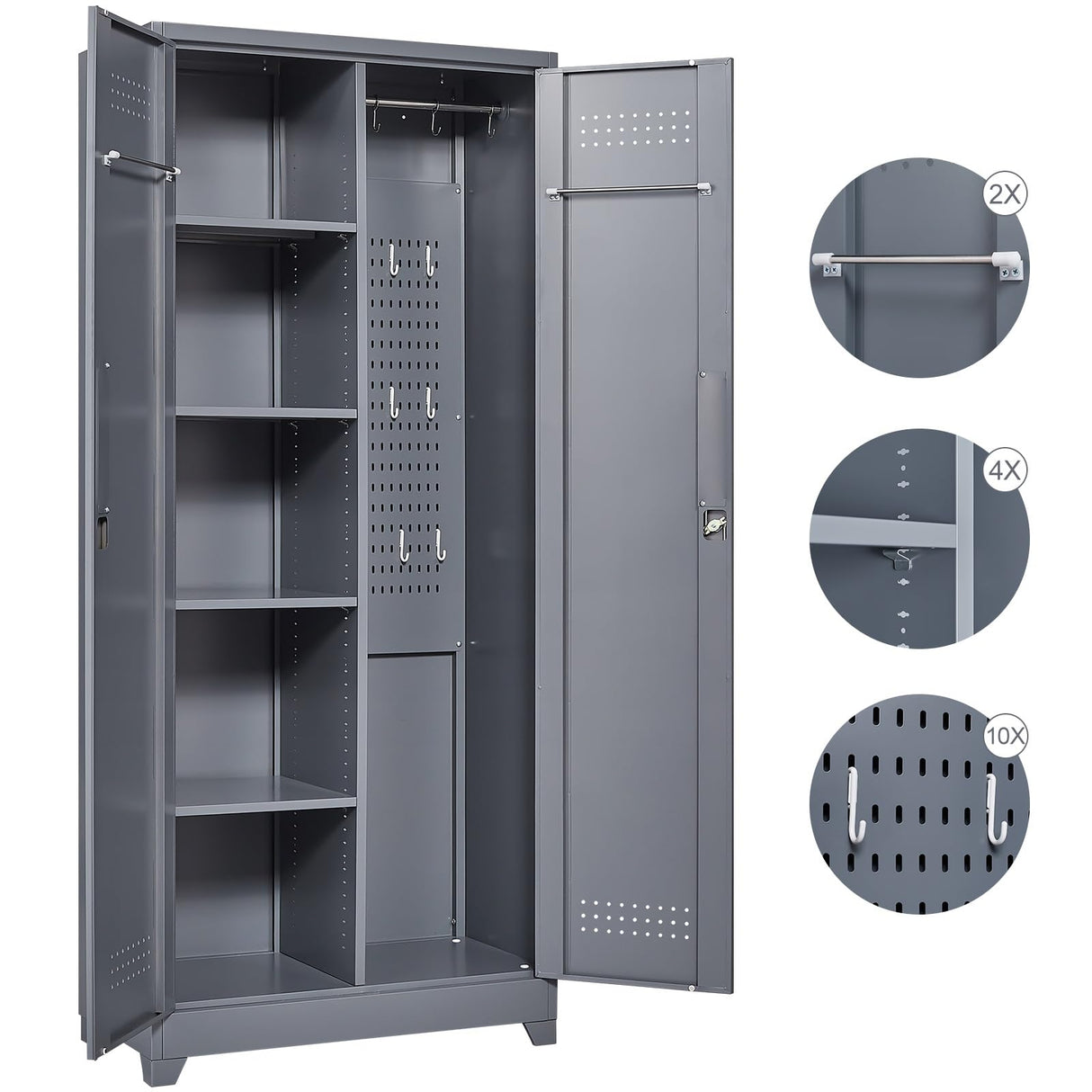 FLEXIMOUNTS 73'' Tall Metal Storage Cabinet with Locking Door, Large Cleaning Tool Organizer for Brooms, Garage, Laundry Room, Bathroom, Dark Grey FLEXIMOUNTS