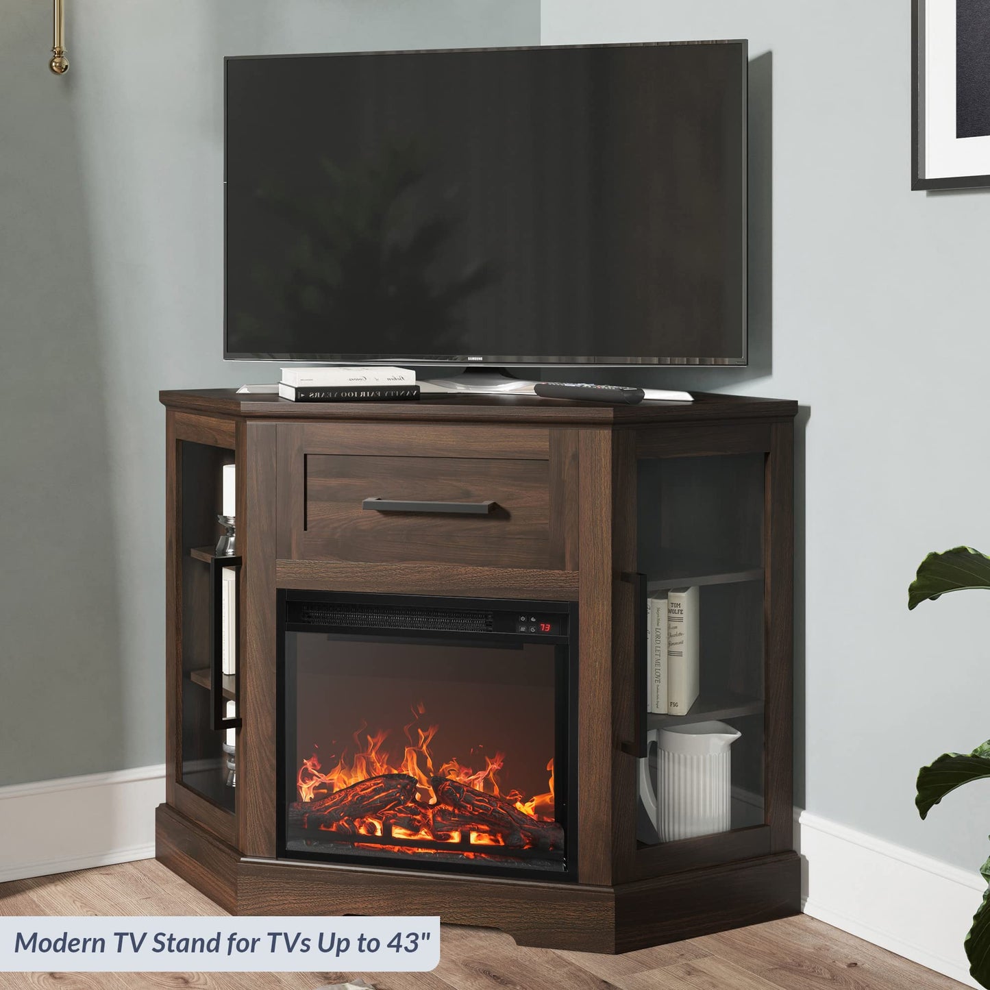 BELLEZE 43" Corner TV Stand with 18" Electric Fireplace Heater for TVs up to 43", Modern Corner Wood Entertainment Center with Glass Door Storage Cabinets - Dale (Dark Walnut)