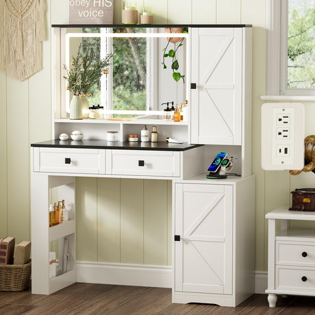 Ieejdn Farmhouse Makeup Vanity Desk with Mirror and Lights,Glass Top Vanity Desk with Power Outlet,Makeup Vanity with 2 Drawers & Storage Shelves,Rustic Vanity,Antique White+Black Ieejdn