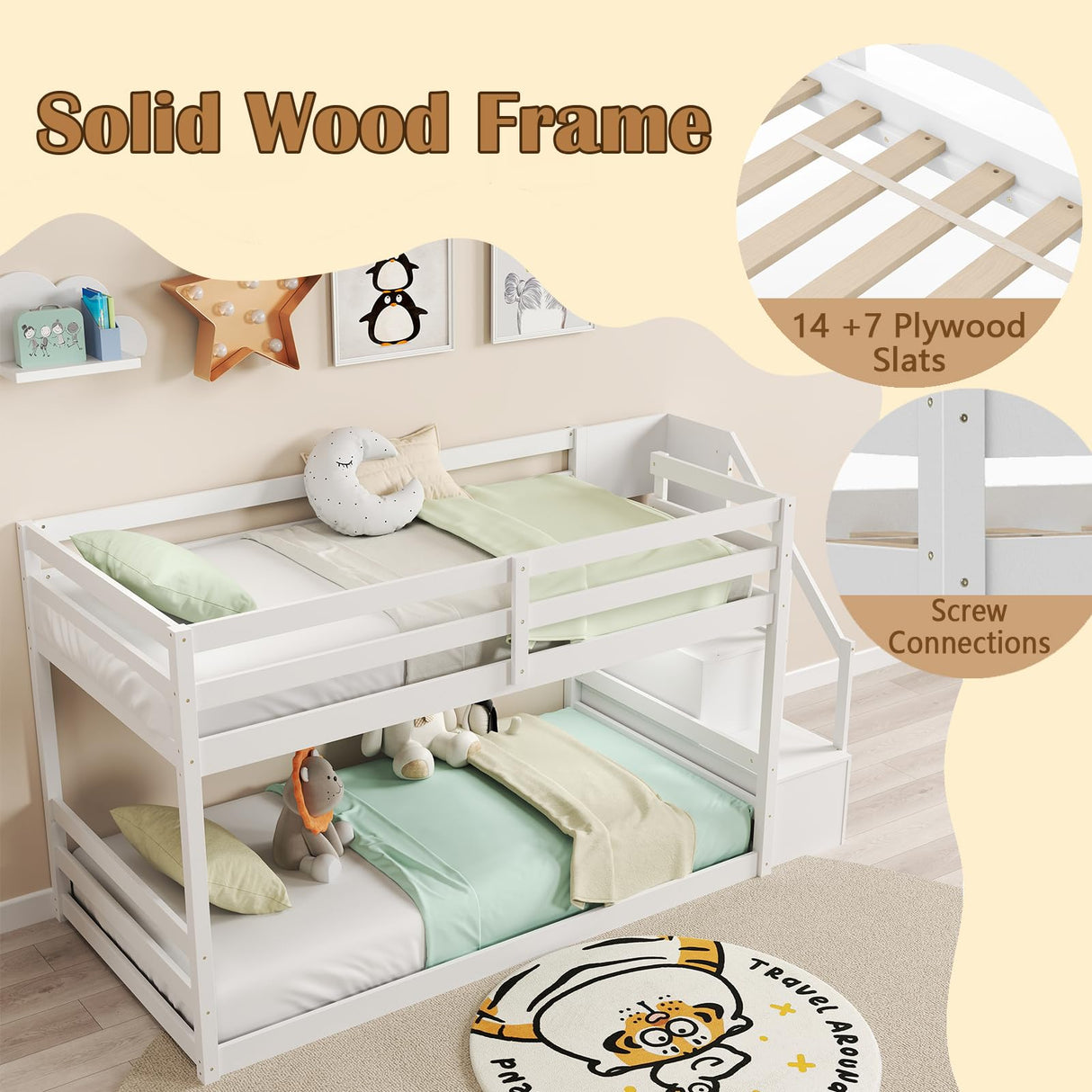 KOMFOTT Wood Twin Over Twin Low Bunk Bed with Storage Staircase, Wooden Bunk Bed Frame with Full-Length Guardrails, Low Profile Bunk Bed with Slats Support, No Box Spring Needed (White) KOMFOTT