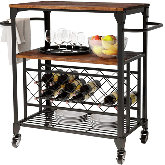 WAYTRIM Bar Cart, 3 Tier Home Freely Rolling with Wheels, Industrial Vintage Style Wood Metal Serving Trolley Kitchen Serving Cart with Rack and Cup Holder, for Dining Rooms, Garden, Bar