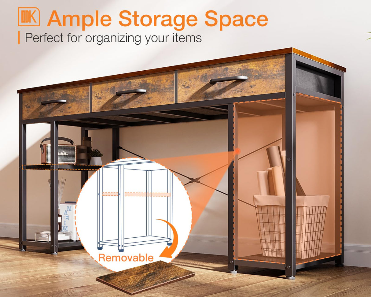 ODK Vintage Small Computer Desk with Fabric Drawers and Storage Shelves - Modern Writing Table, 48"x16" ODK