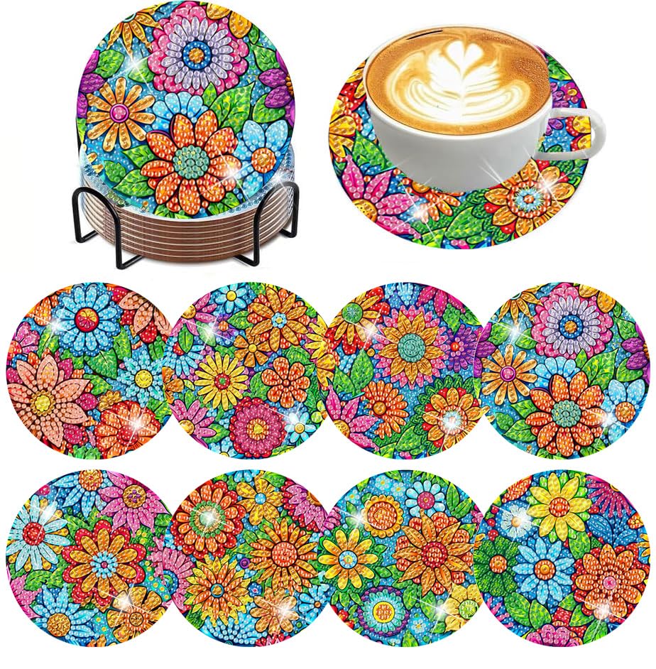 ijbnhd 8 Pcs Flowers Diamond Art Coasters with Holder-DIY Flowers Diamond Painting Coasters 5D Diamond Art Coaster with Cork Pads for Adults for Holiday Gift ijbnhd
