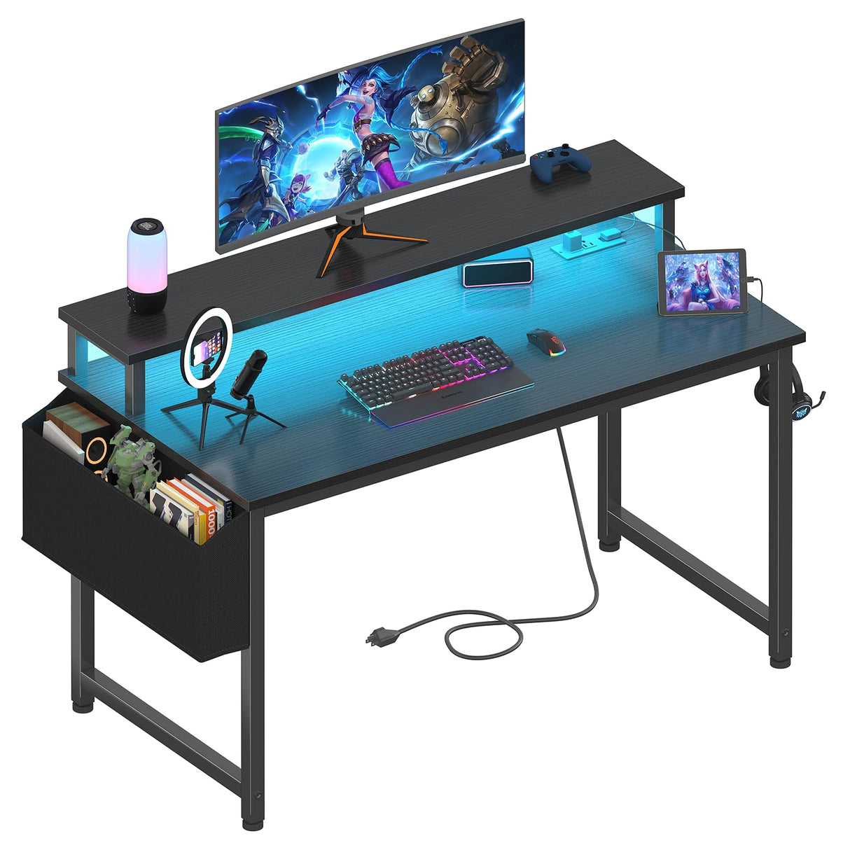 Lufeiya Black Gaming Desk with LED Lights and Power Outlets, 40 Inch Teen Writing Study Table Home Office Desks with Monitor Stand, Computer Desk with Charging Station USB Port, Black Lufeiya