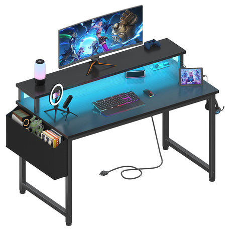 Lufeiya Black Gaming Desk with LED Lights and Power Outlets, 40 Inch Teen Writing Study Table Home Office Desks with Monitor Stand, Computer Desk with Charging Station USB Port, Black Lufeiya