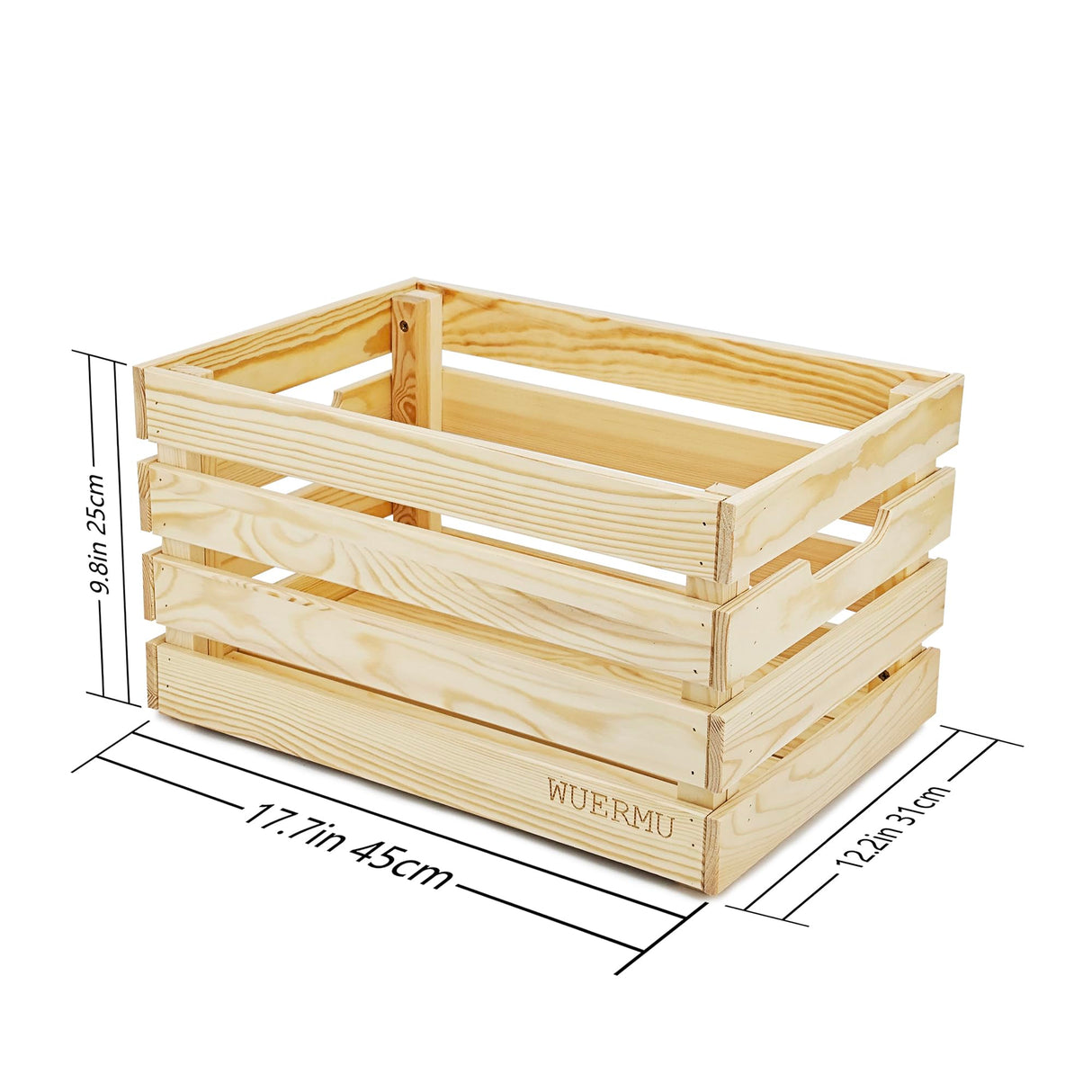 WUERMU Wooden Crates are Suitable for Storage, Milk Crates, Wine Crates, toy Crates, Display and Decoration, Camping, and Other Purposes. They are Sturdy and Durable, set of 2 Length of 17.7 inches. WUERMU