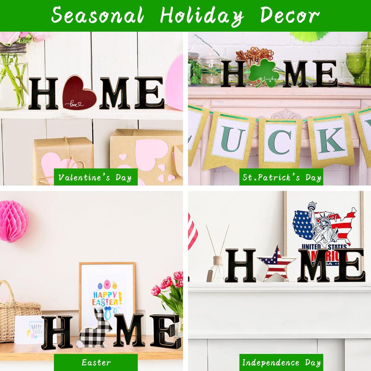 Interchangeable Home Table Signs with 11Pcs Seasonal Icons, Wooden "HOME" Letter Signs Interchangeable Holiday Decorative Table Shelf Centerpiece for Holiday Room Decoration Medoore