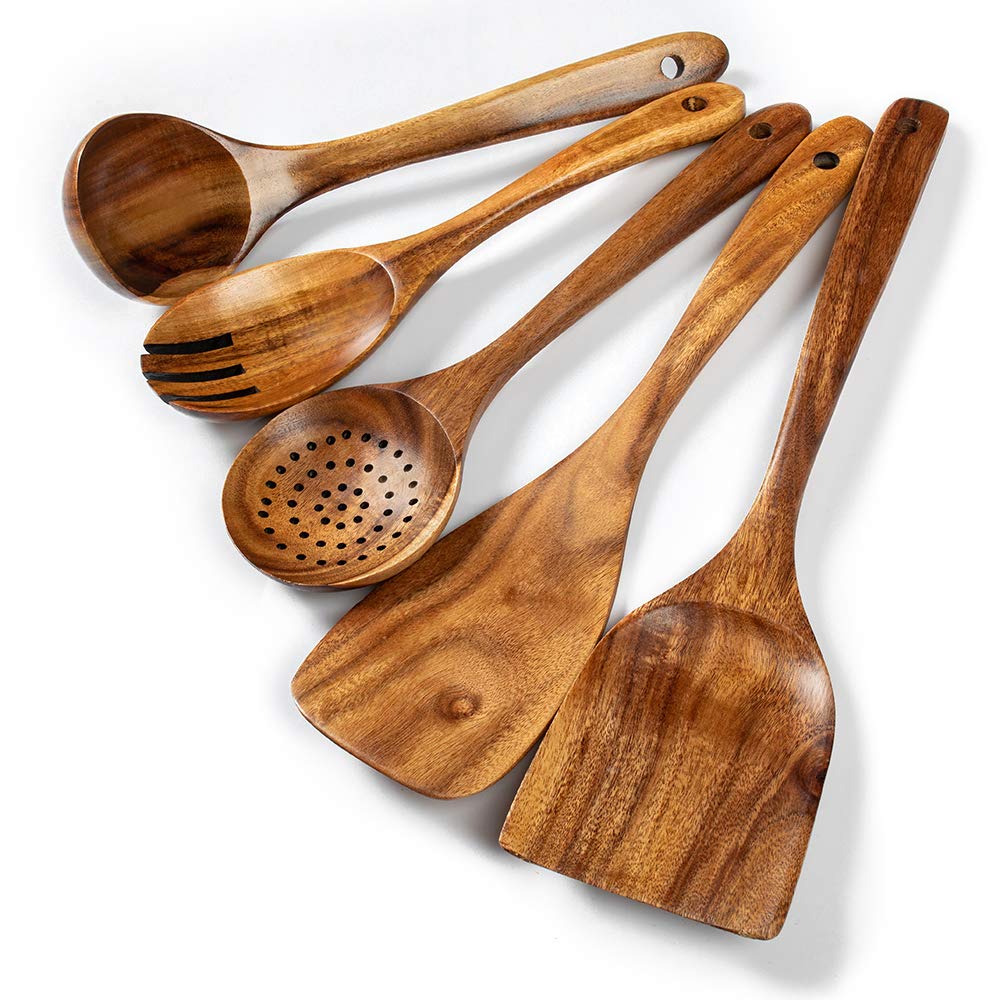 Wooden Kitchen Utensils Set, 5 PCs Natural Acacia Spurtle Set for Non-stick Pan Kitchen Tool Ladle and Wok Spatulas, Salad fork - WoodArtSupply