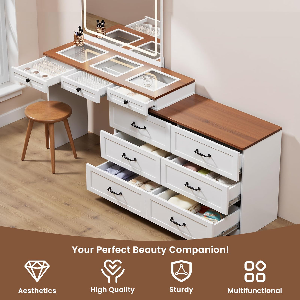 Mixcous Vanity Desk with Mirror and Lights, Vanity Dresser Combo, Farmhouse Makeup Vanity with 9 Drawers, Glass Top Corner Vanity Dressing Table, Extendable Big Dressing Table Set for Bedroom, White Mixcous