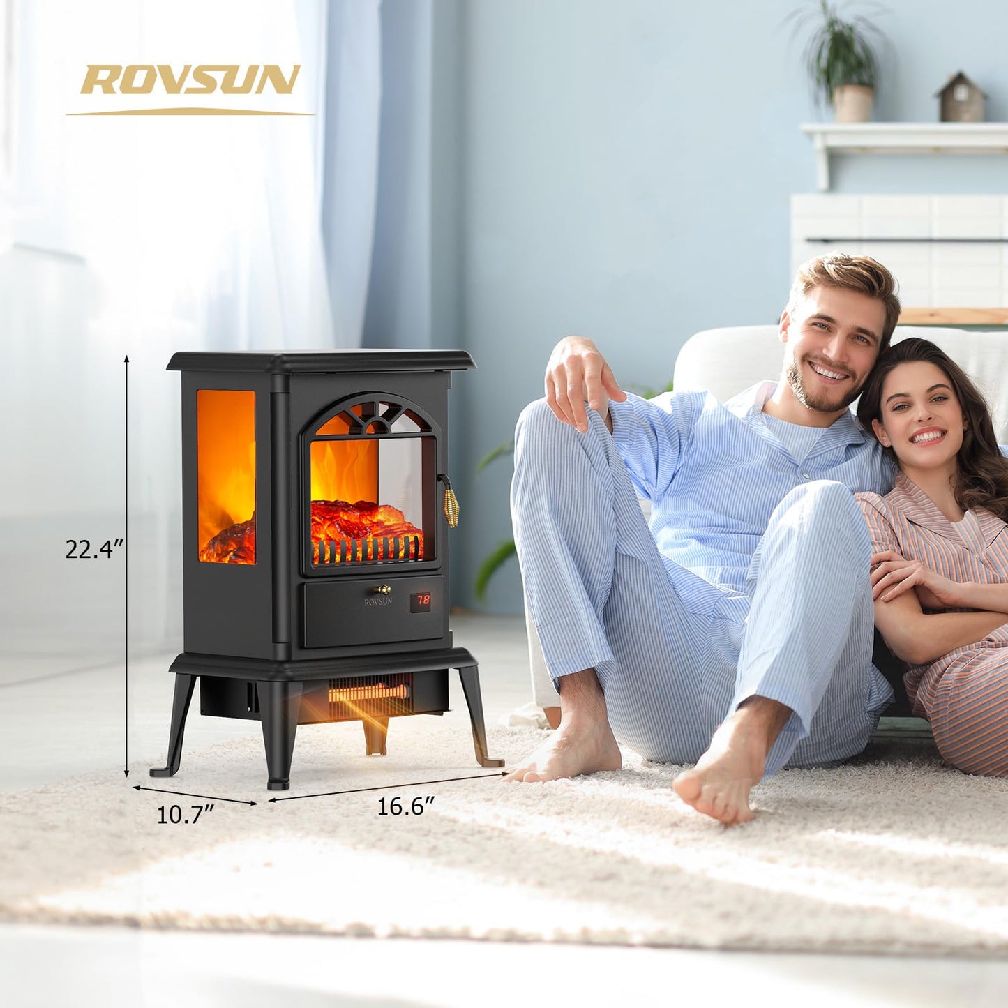 ROVSUN 1500W Electric Fireplace Stove, 22.4" H Freestanding Heater with Remote, Timer, Realistic Flame Effect, Adjustable Temperature, Overheat & Tip-Over Protections for Bedroom Living Room, ETL