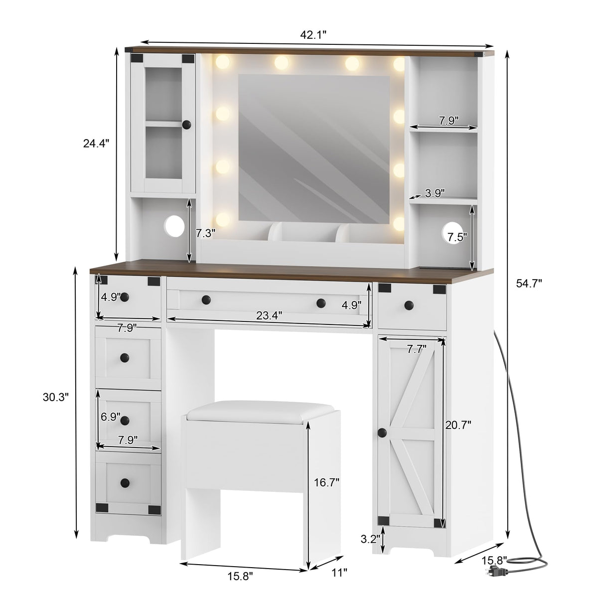 GarveeHome Makeup Vanity and Stool, Vanity Desk with Lights in 3 Colors, White Vanity Table with Charging Station, 6 Drawers and Cabinets GarveeHome