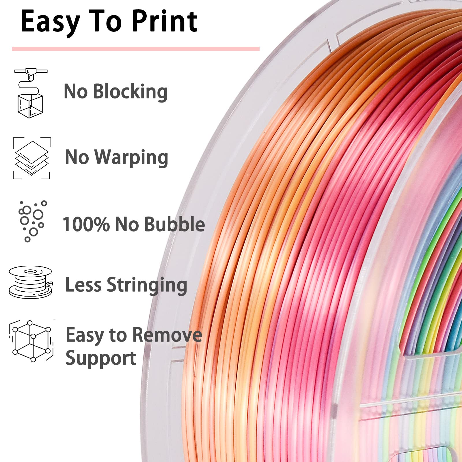 LOCYFENS Silk PLA Filament Multicolor, 3D Printer Filament Rainbow PLA Filament 1.75mm +/- 0.02mm, 3D Printing Filament 1kg/2.2lbs - WoodArtSupply