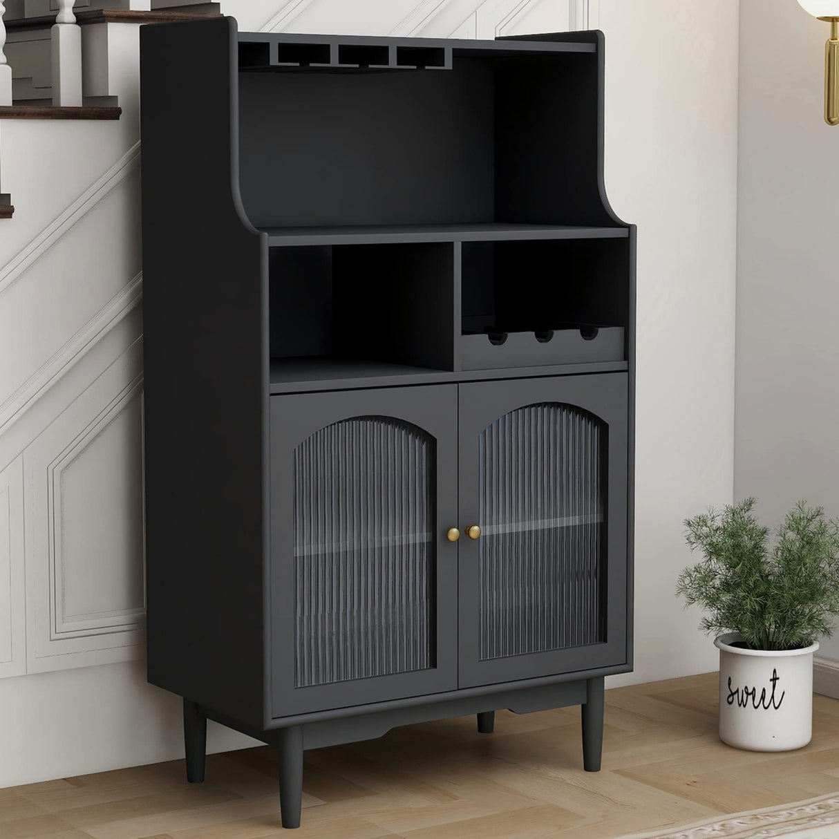 Loscear Wine Liquor Cabinet Bar for Home with Removable Wine Rack and Storage, Dark Grey Wood Coffee Bar Cabinets for Home with Solid Wood Legs and Locsear
