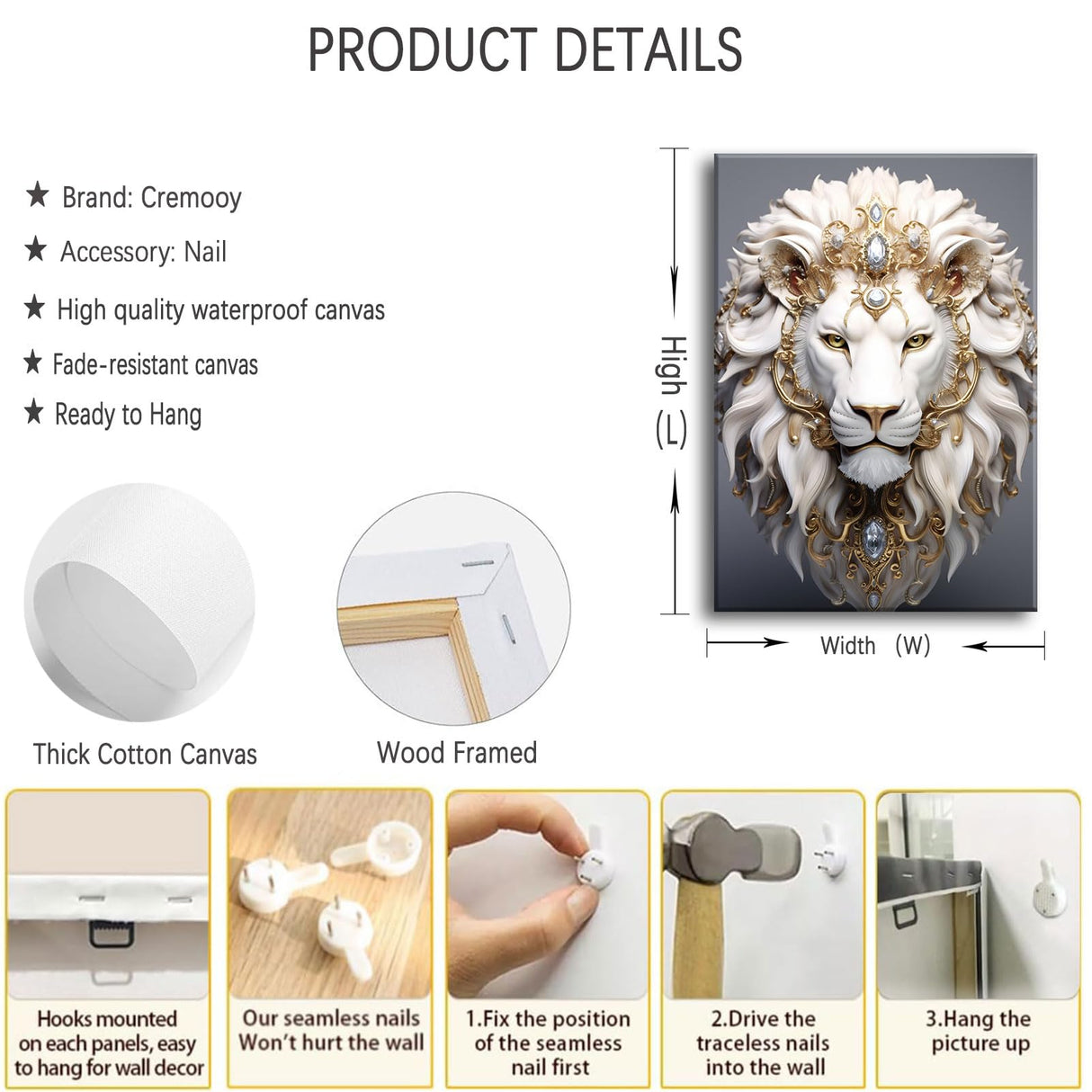 White Lion Canvas Wall Art Wild Animal Portraits Avatar Pictures Painting Decor Modern Large Gold Diamond Beast Posters Prints for Dining Living Room Bedroom Home Decoration Cremooy