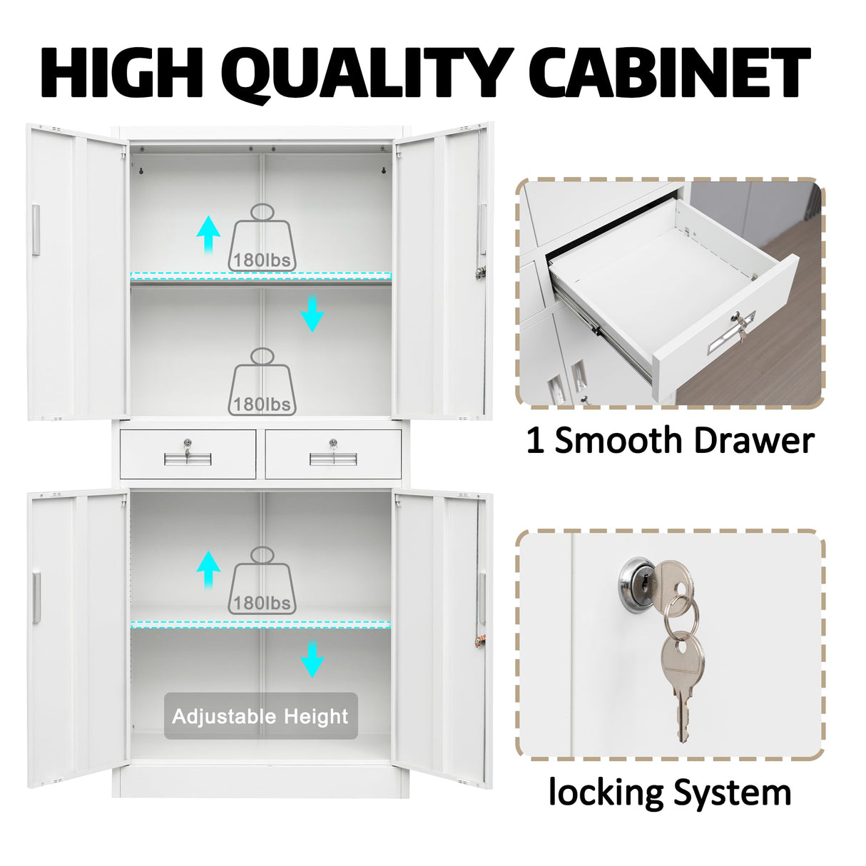 Metal Storage Cabinet，71" Garage Storage Cabinet with 2 Locking Drawer and 4 Adjustable Shelves ，Black Tool Cabinet，Lockable File Steel Cabinet for Home, Office, Gym, School. TaskStorz