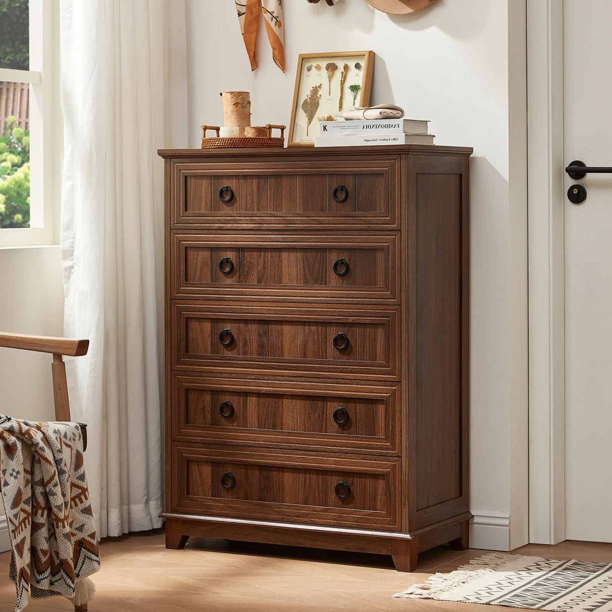 Joaxswe Farmhouse 5 Drawer Dresser for Bedroom, 42" Tall Small Dressers & Chest of Drawers, Rustic Wood Dresser with Metal Handle, Storage Organizer Closet for Living Room, Hallway, Entryway Joaxswe