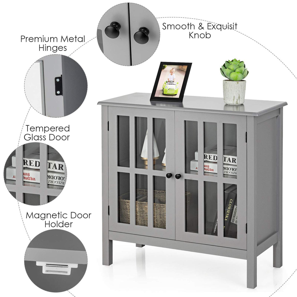 Tangkula Sideboard Buffet Storage Cabinet, with 2 Glass Doors, Liquor Curio Cabinet for Home Kitchen Dining Room, Cupboard Console Table (Grey) Tangkula