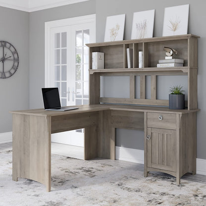 Bush Furniture Salinas L Shaped Desk with Hutch in Driftwood Gray | Corner Table with Drawers and Storage for Home Office - WoodArtSupply