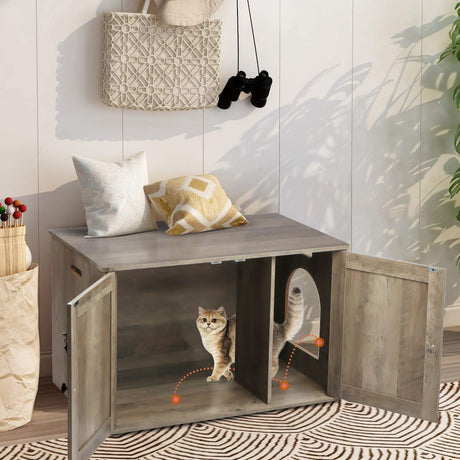 Timberer Cat Litter Box Enclosure, Litter Box Furniture Hidden with Removable Divider, Wooden Cat Washroom Furniture, Indoor Cat House, Greige Timberer