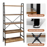 5 Tier Ladder Bookshelf, Heavy Duty Rustic Brown Wood and Metal Bookcase with 1.2" Thick Shelves, 63" H x 30" W x 14" D, Industrial Open Storage Shelving for Living Room, Bedroom, Kitchen TooCust