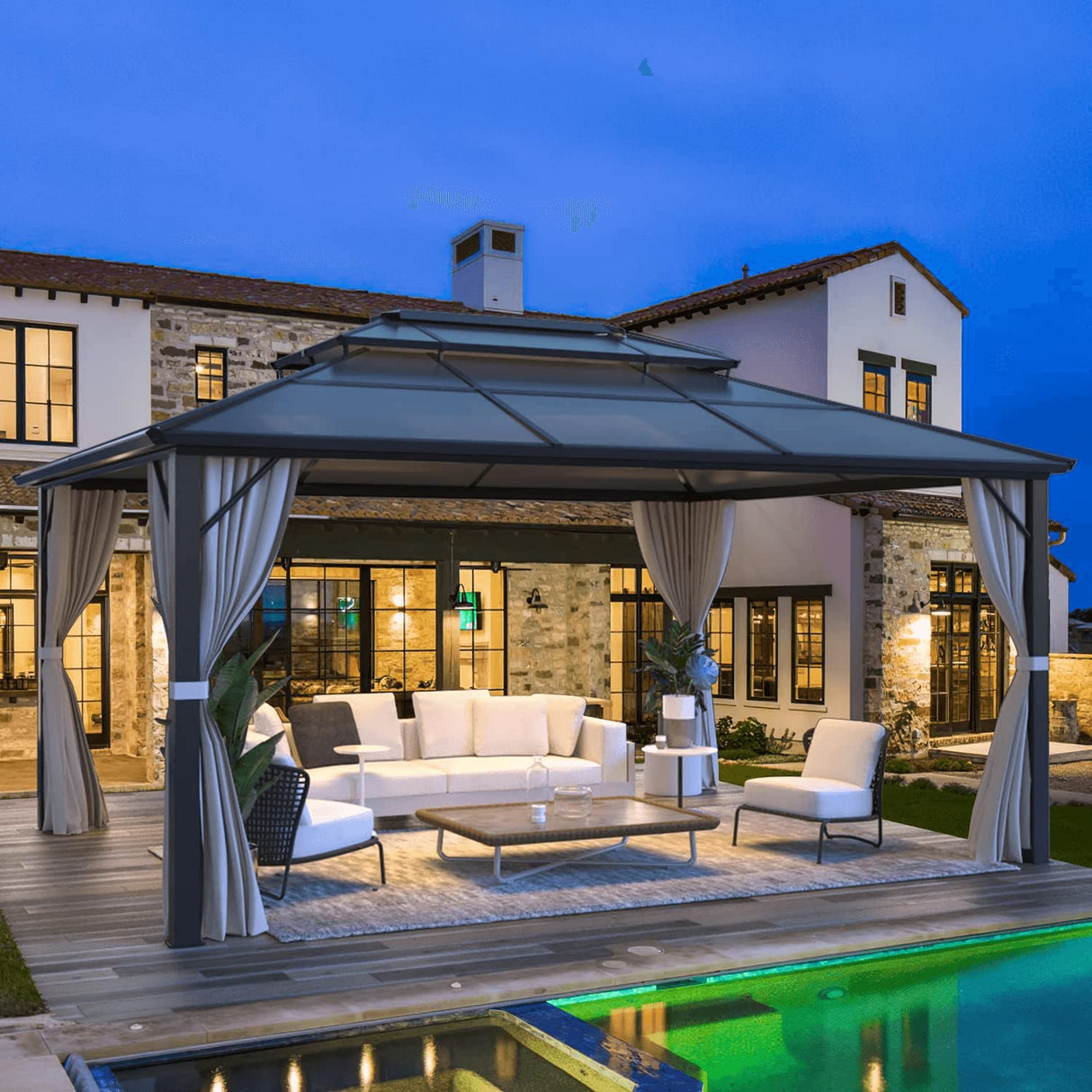 MELLCOM 12x16ft Outdoor Polycarbonate Double Hardtop Roof Gazebo, Aluminum Furniture Gazebo Canopy with Netting and Curtains for Garden, Patio, Lawns, Party and Deck MELLCOM