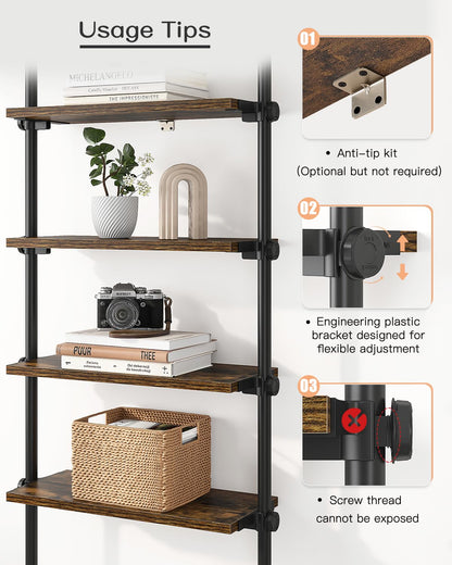 ALLZONE Rustic Brown 5-Tier Adjustable Ladder Bookshelf with Floor-to-Ceiling Tension Mount - WoodArtSupply