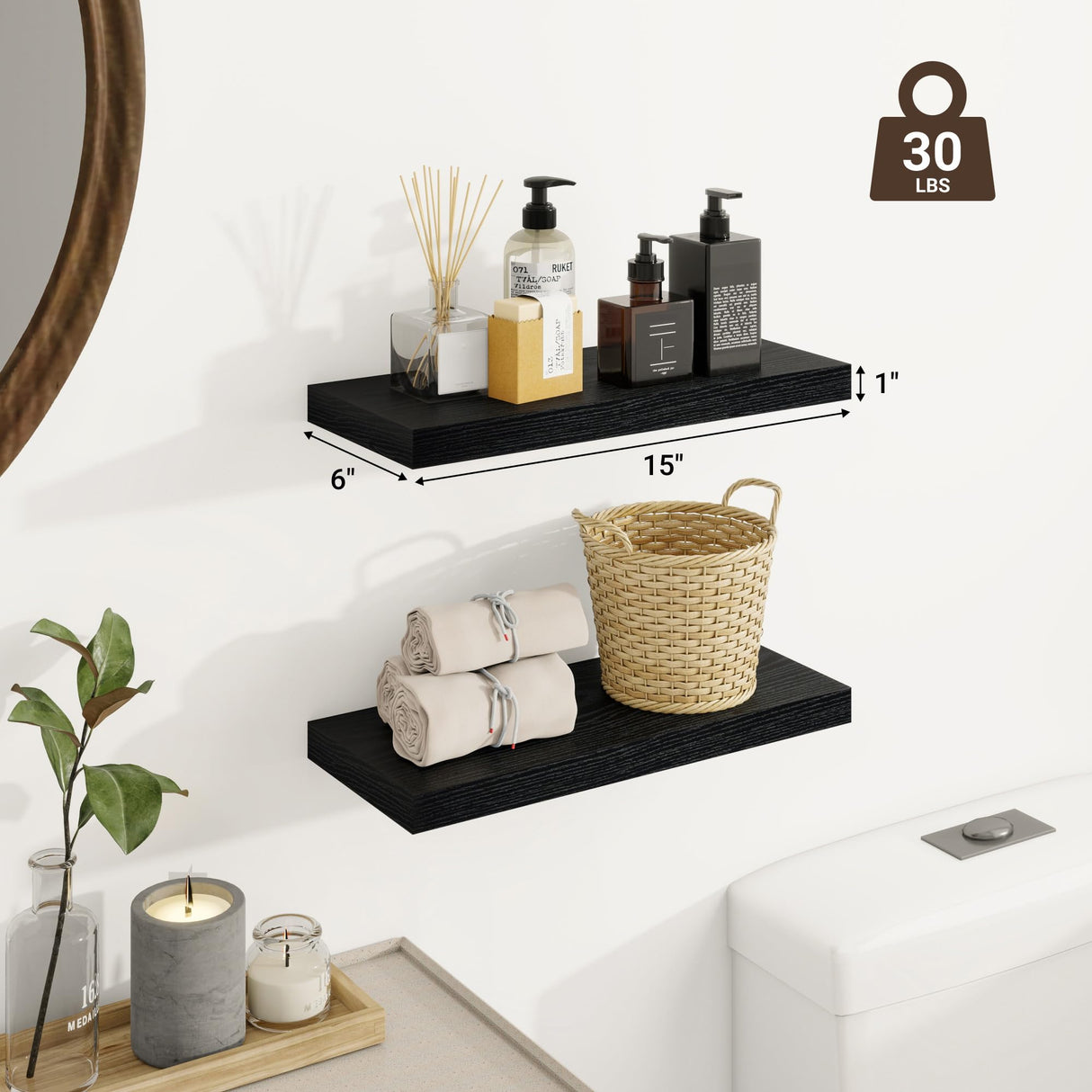 Venusmiles Floating Shelves for Wall, Wall Mounted Shelves with Invisible Brackets, 2 Small Wood Floating Wall Shelf Shelves for Living Room, Bedroom, Kitchen, Bathroom (Black, 15" W x 6" D x 1" H) Venusmiles