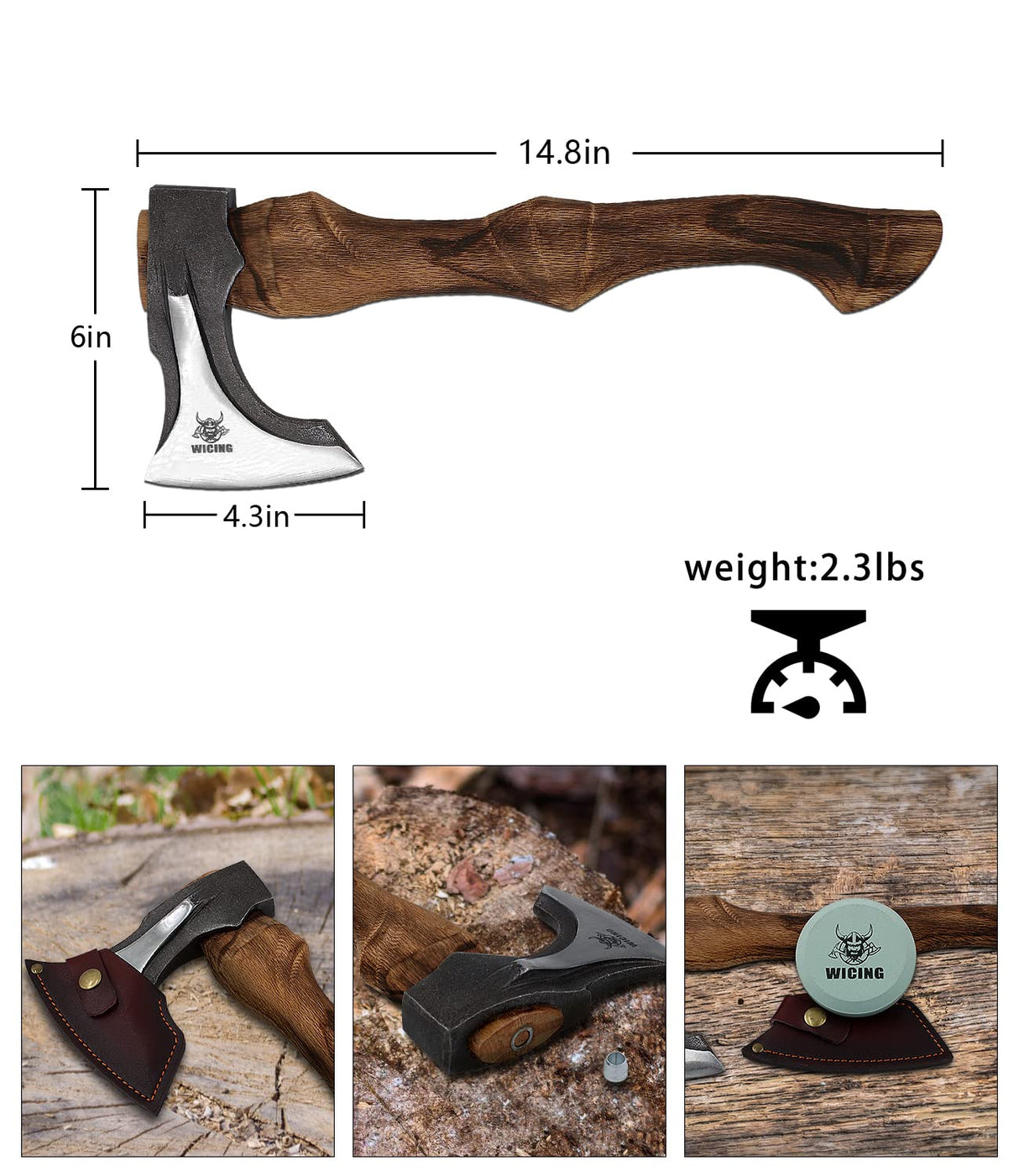 WICING Splitting Axe, 14.8 - inch Camping Hatchet with Leather Sheath, Chopping Axe 1055 High Carbon Steel and Beech Wooden Handle WICING