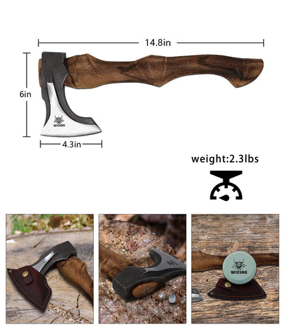 WICING Splitting Axe, 14.8 - inch Camping Hatchet with Leather Sheath, Chopping Axe 1055 High Carbon Steel and Beech Wooden Handle - WoodArtSupply