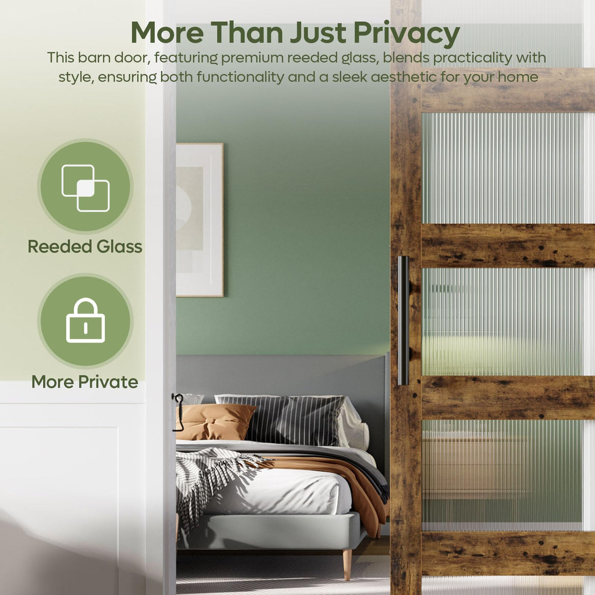 Bestier 48in x 84in Farmhouse Glass Barn Door with 8ft Hardware Kit & Handles, MDF Barn Door Covered with Water-Proof & Scratch-Resistant PVC Surface, Easy Assembly, 5-Panel, Rustic Brown Bestier