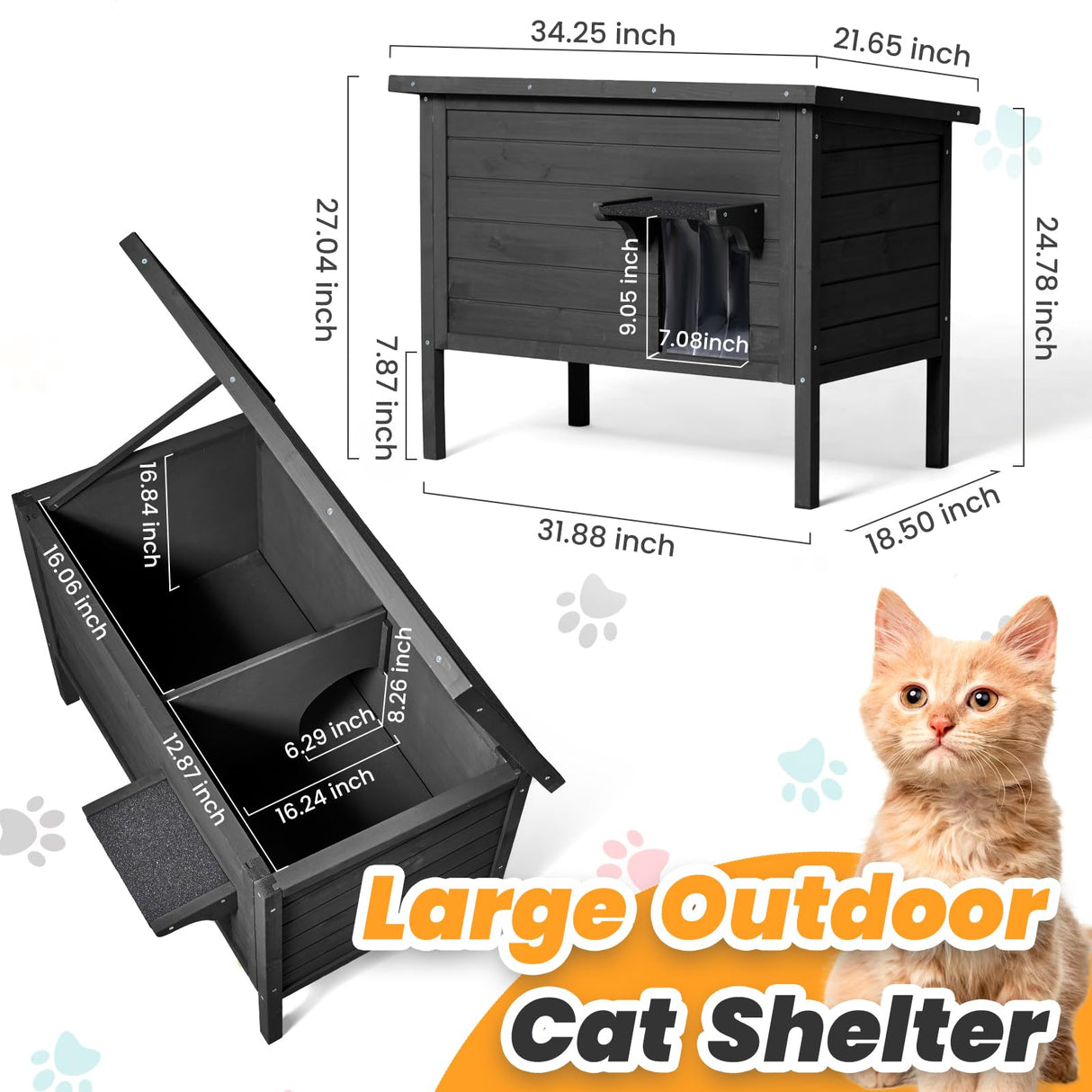 Ciokea Outdoor Cat House Weatherproof, Feral Cat House with Insulated All-Round Foam Wooden Cat Condos for Winter Outside, PVC Door Flaps(Black) Ciokea