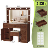 Crownland Vanity with Lighted Mirror, Makeup Vanity Table Set with Drawers and Charging Station, Vanity Desk with 3 Adjustable Lighting Modes and Stool Set(Brown) Crownland