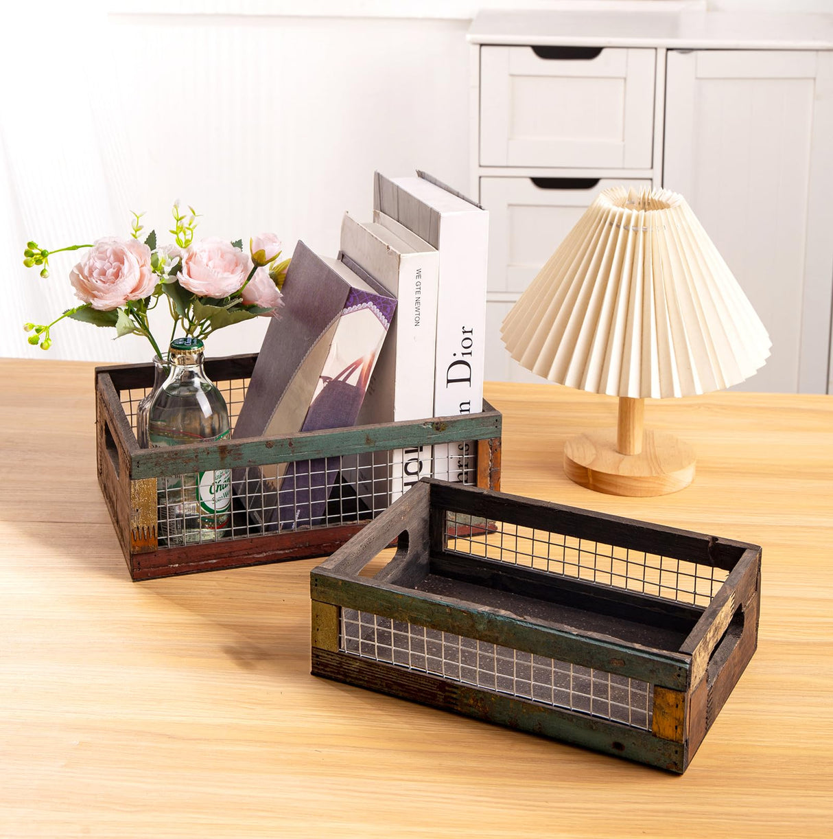 TIMRIS Set of 2 Rustic Wooden Countertop Baskets, Farmhouse Distressed Nesting Boxes, Small Decorative Wooden Storage Crates, Reclaimed Wood Organizer Baskets with Wire Mesh (Random) TIMRIS