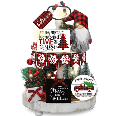 Soaoo 16 Pcs Christmas Tiered Tray Decor Christmas Gnome Plush Tray Decor Farmhouse Buffalo Plaid Wood Table Signs for Holiday Table Centerpieces Home Decorations