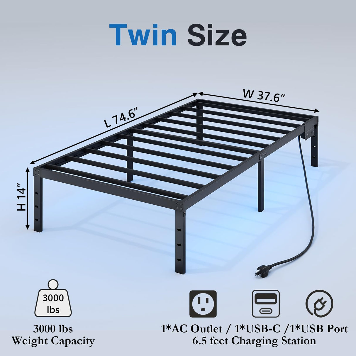 HAVONIZD Twin Bed Frame with LED Lights & Charging Station - 14 Inch Heavy Duty Metal Platform Bed Frame No Box Spring Needed, Easy Assembly, No Noise HAVONIZD