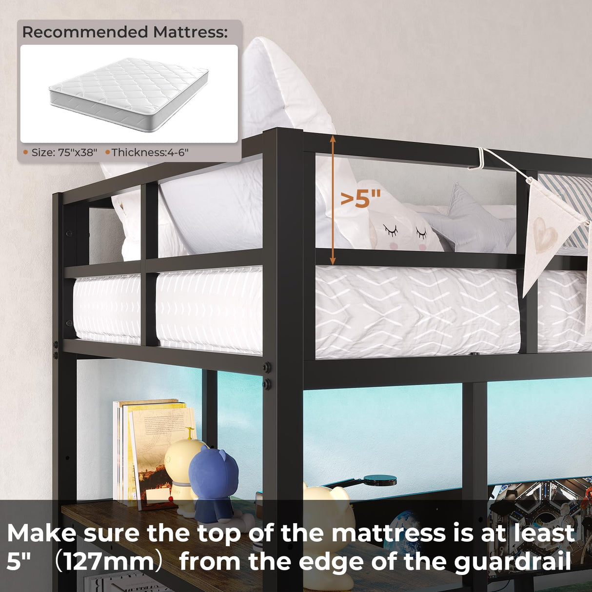 DICTAC Twin Metal Loft Bed with L-Shaped Desk, LED Lights, Charging Station, and Storage Solutions in Black DICTAC