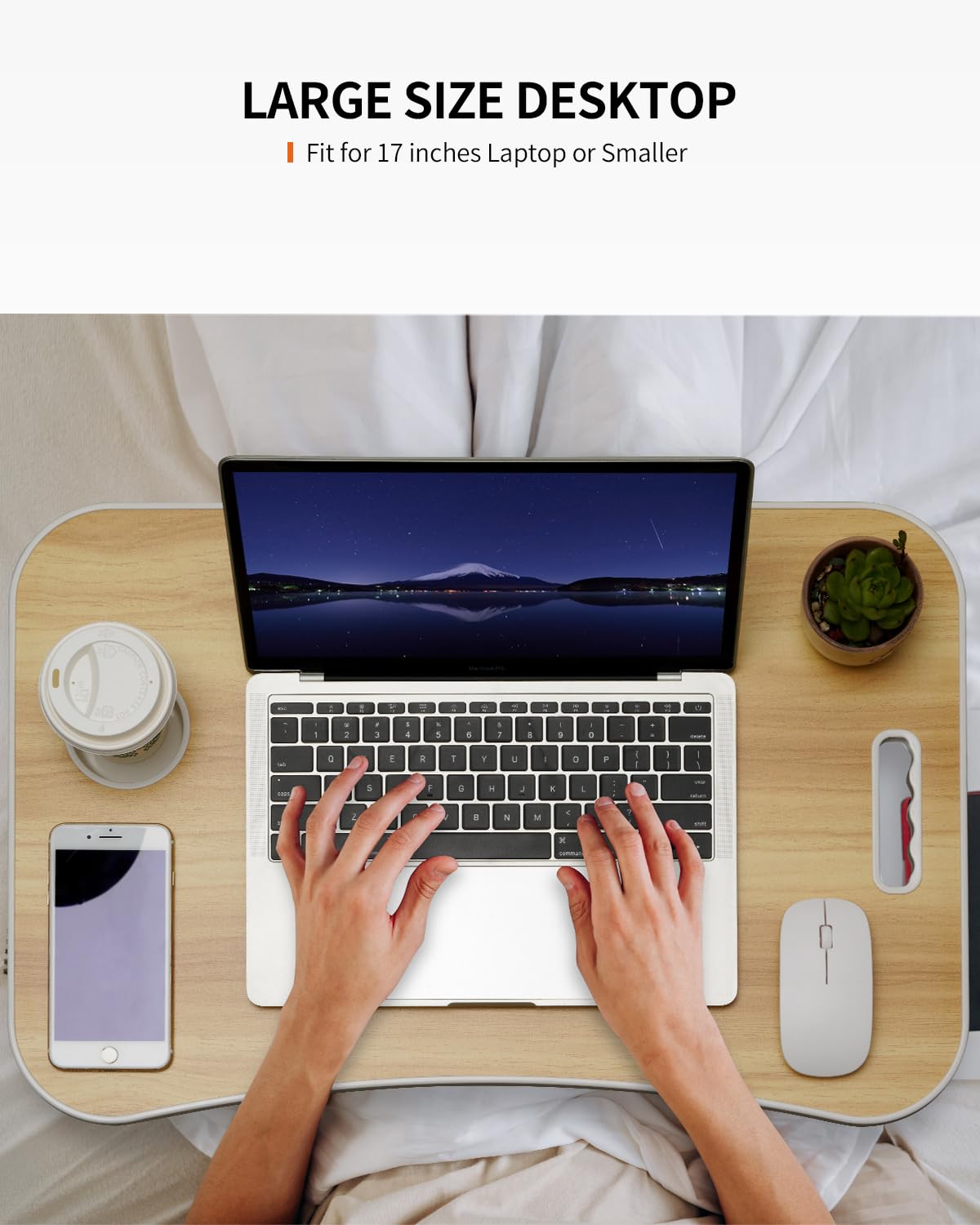 FISYOD Foldable Laptop Table, Portable Lap Desk Bed Table Tray, Laptop Stand with Cup Holder & Tablet Slot & Lifting Handle for Working Writing Drawing & Eating (Wood) FISYOD