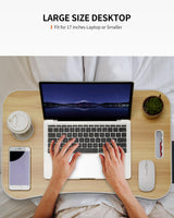 FISYOD Foldable Laptop Table, Portable Lap Desk Bed Table Tray, Laptop Stand with Cup Holder & Tablet Slot & Lifting Handle for Working Writing Drawing & Eating (Wood) FISYOD