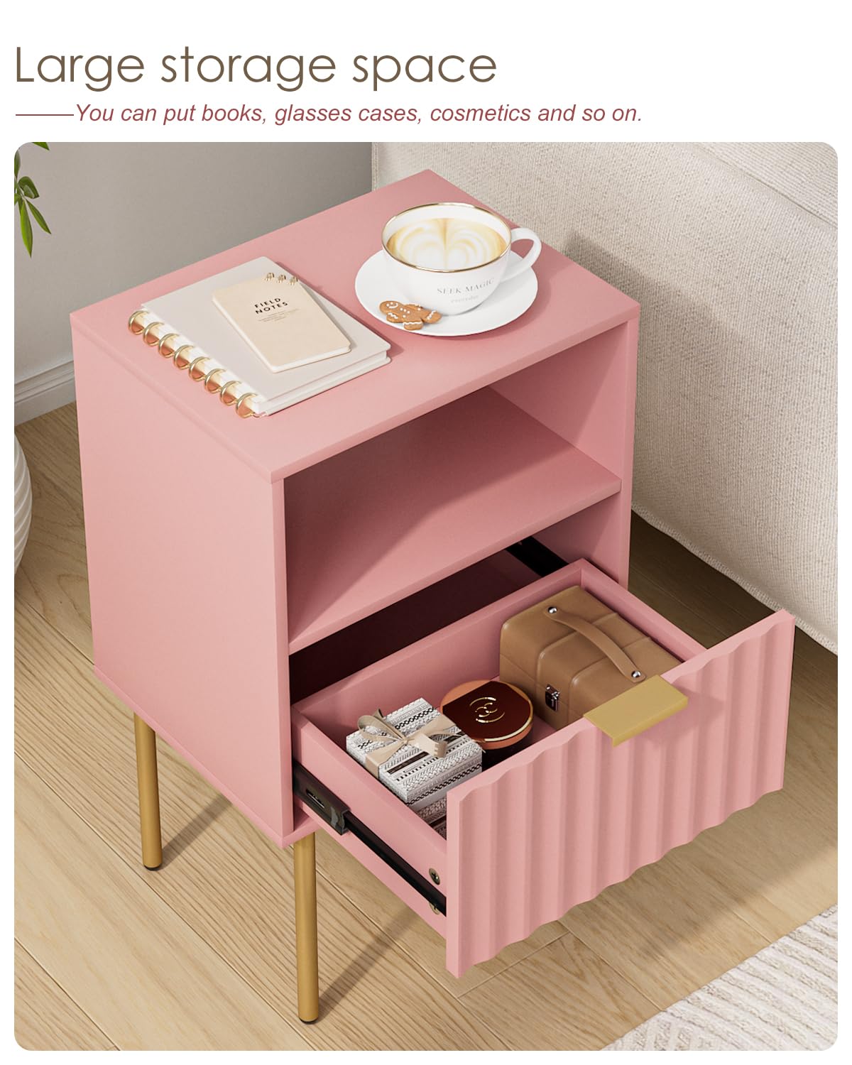 Aienvey Nightstand,Bedside Table with Gold Frame,Pink Night Stand,Bedside Furniture, Modern Side Table with Drawer and Shelf for Bedroom,Living Room (Pink, Large) Aienvey