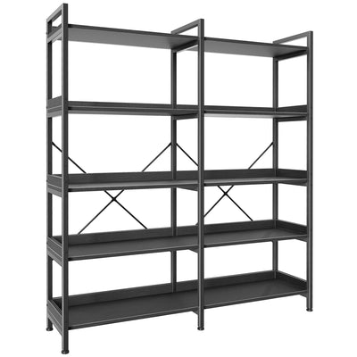 Huuger 5 Tier Bookshelf, Display Bookshelf with 10 Open Shelves and Raised Baffle, 47.2 Inch Straight Wide Bookcase with Metal Frame and Wooden Board, Adjustable Feet, Black