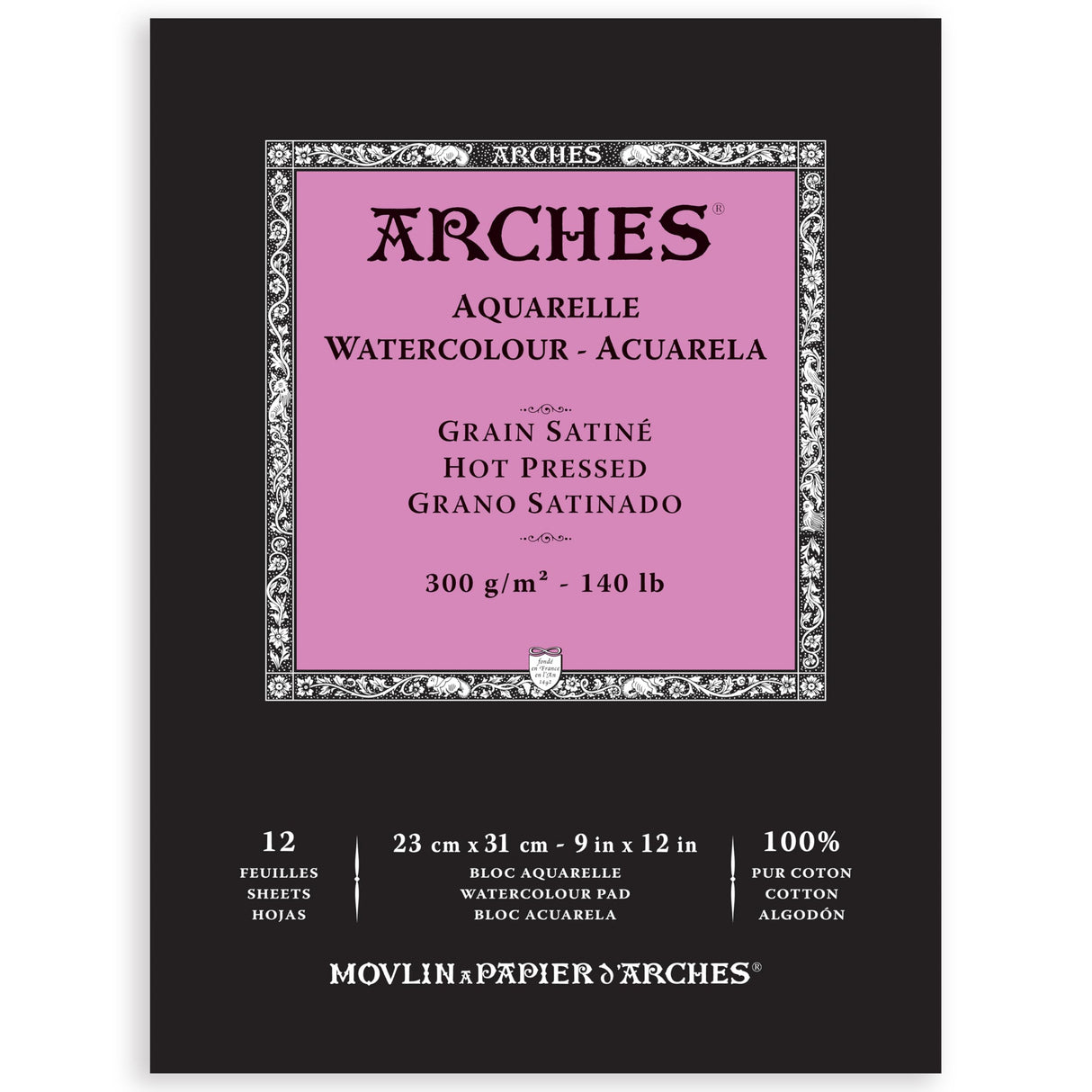 Arches Aquarelle Watercolor Pad, Hot Pressed, 140lb/300gsm, 12 Sheet, 9x12 inch, Arches Watercolor Paper 100% Cotton Arches