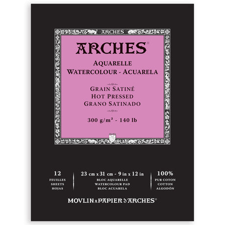 Arches Aquarelle Watercolor Pad, Hot Pressed, 140lb/300gsm, 12 Sheet, 9x12 inch, Arches Watercolor Paper 100% Cotton Arches